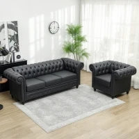 Divano 3 Posti Stile Chesterfield Trapuntato con Molle Insacchettate, Finta Pelle, 213x86x79 cm, Nero