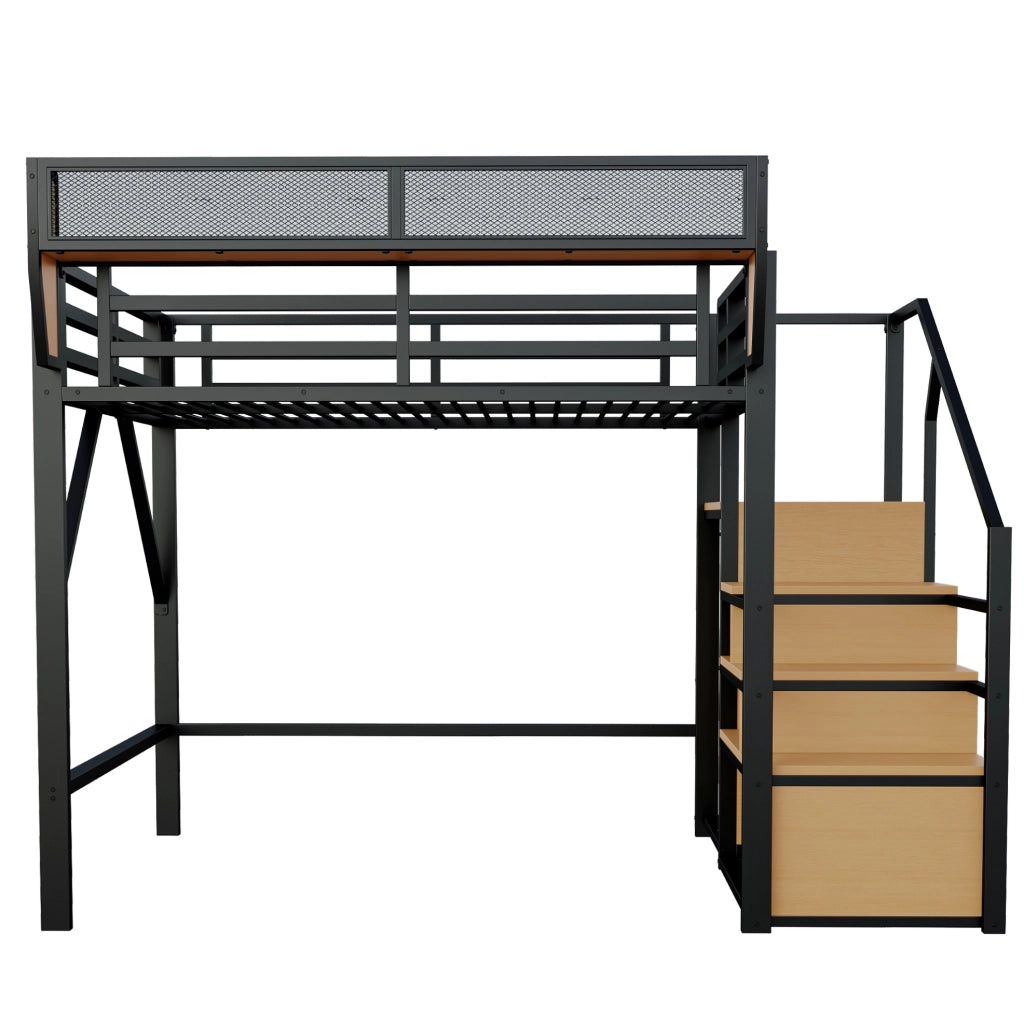 Letto a soppalco 140x200 cm; scala di sicurezza e ripiano flessibile; metallo nero (Senza materasso)
