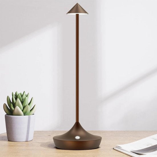 Lampada da tavolo senza fili, ricaricabile, LED, lampada da scrivania touch per esterno, 6000 mAh, lampada da tavolo metallica, design moderno, impermeabile, regolabile, per comodino, interna, terrazza, ristorante (marrone)