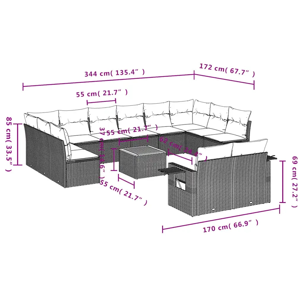 Set Divani da Giardino 13 pz con Cuscini Grigio in Polyrattan 3224801