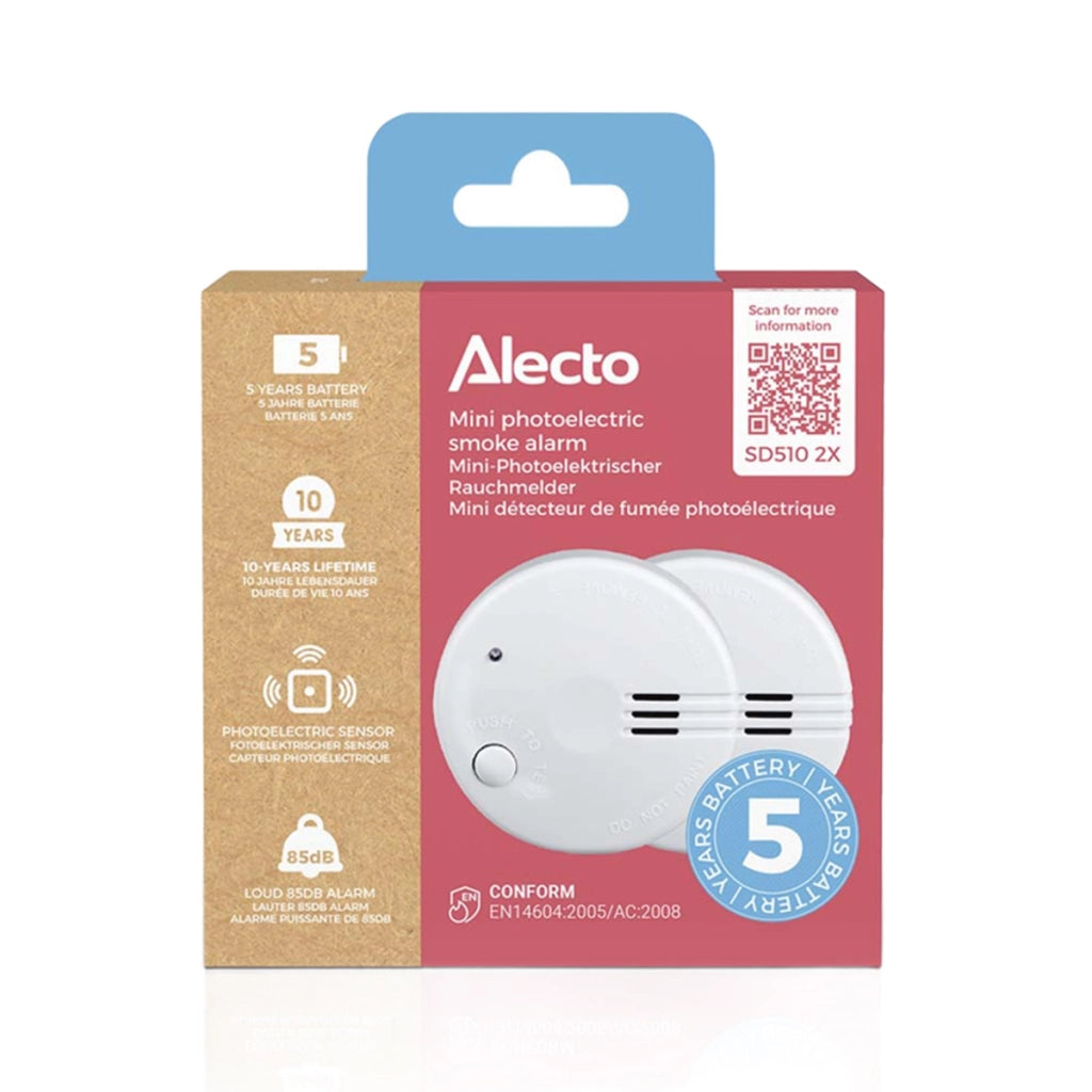 Confezione da 2 Mini Rilevatori di Fumo Compatti con Batteria a Lunga Durata di 5 anni Bianco Alecto