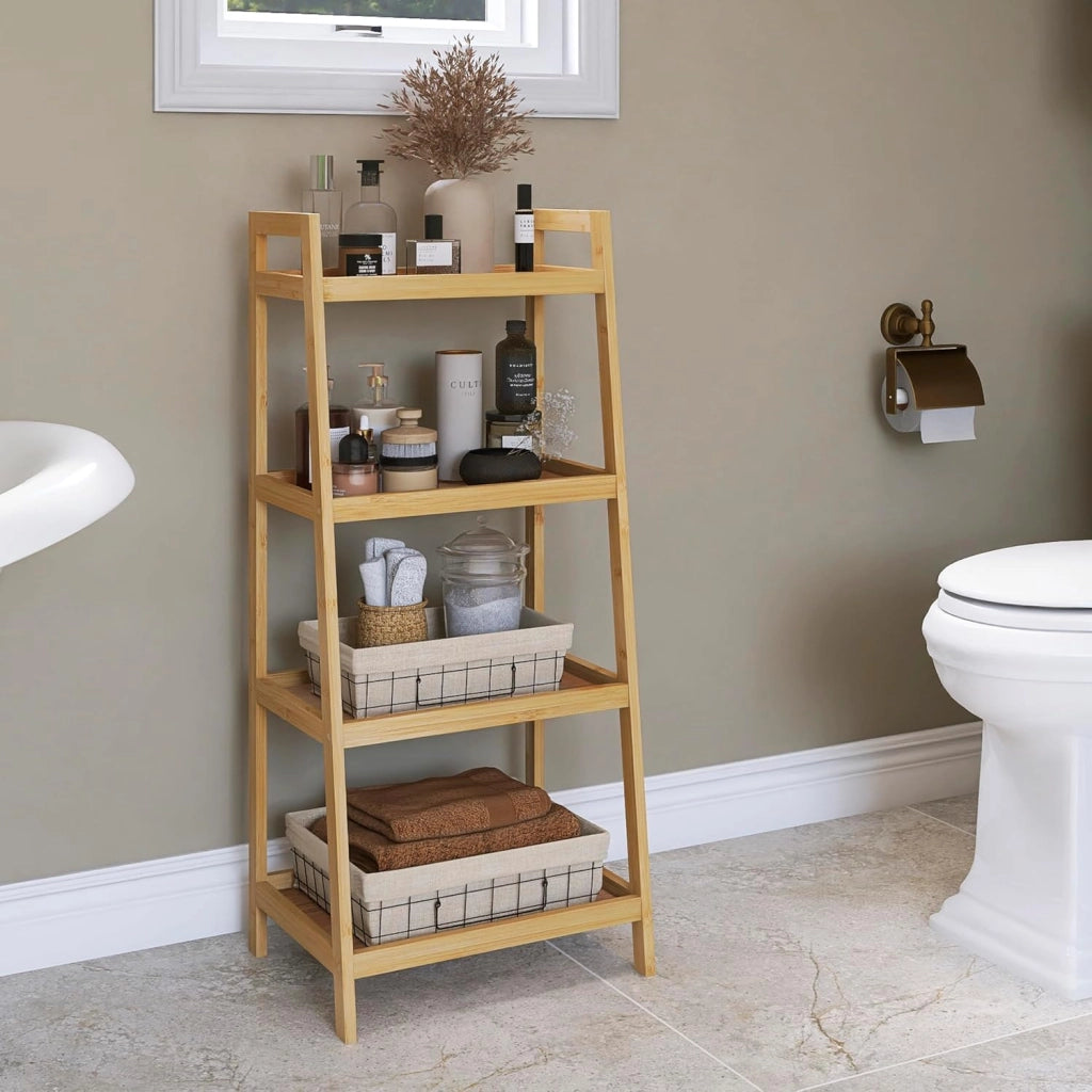 Libreria a scala in bambù, organizer per rack da bagno, espositore per piante autoportante a 4 e 5 livelli Scaffali salvaspazio per camera da letto, cucina (naturale, 4 livelli (99cm H))