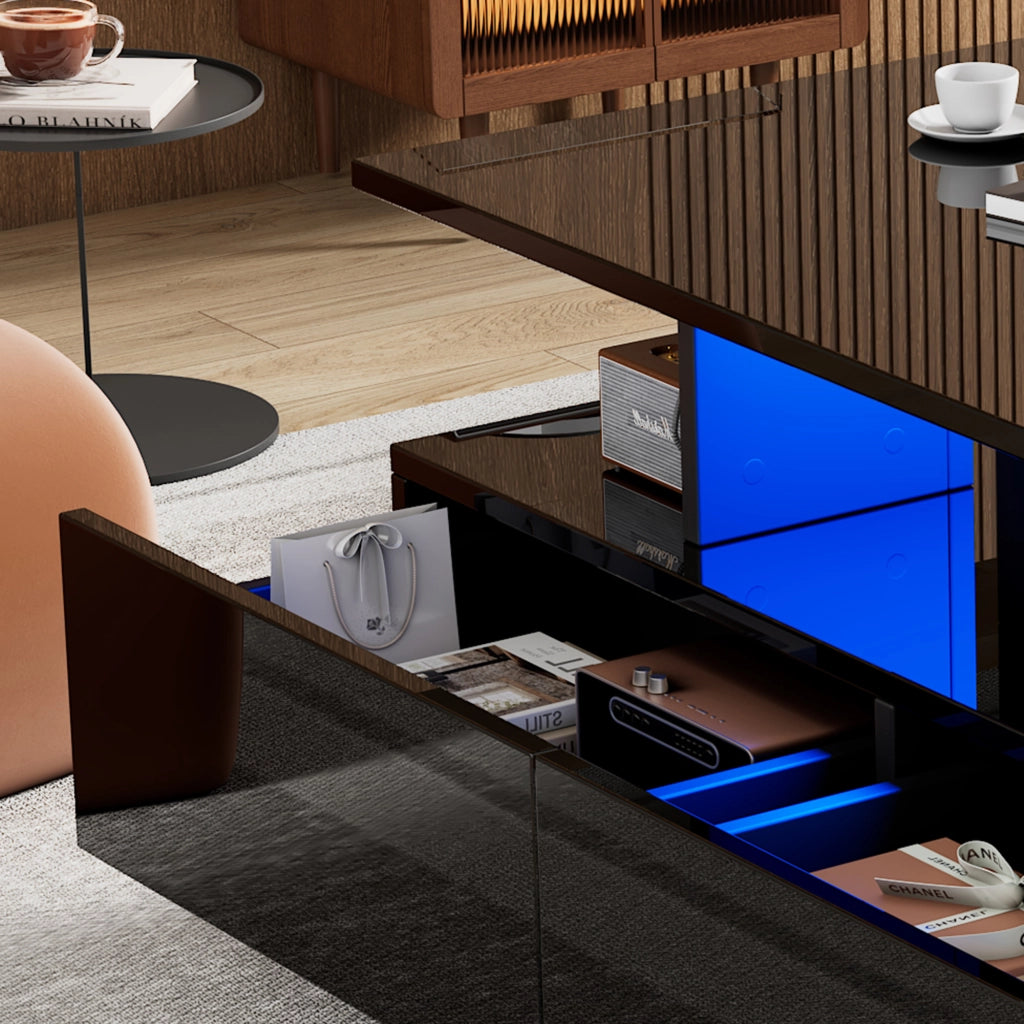 TAVOLINO DA SALOTTO 90x55x41 cm Nero in pannello di legno con LED e 2 cassetti