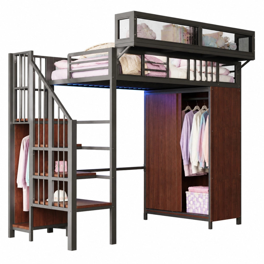 Letto a soppalco in metallo 90 x 200 cm con armadio, scala di sicurezza, LED e vani contenitivi, nero