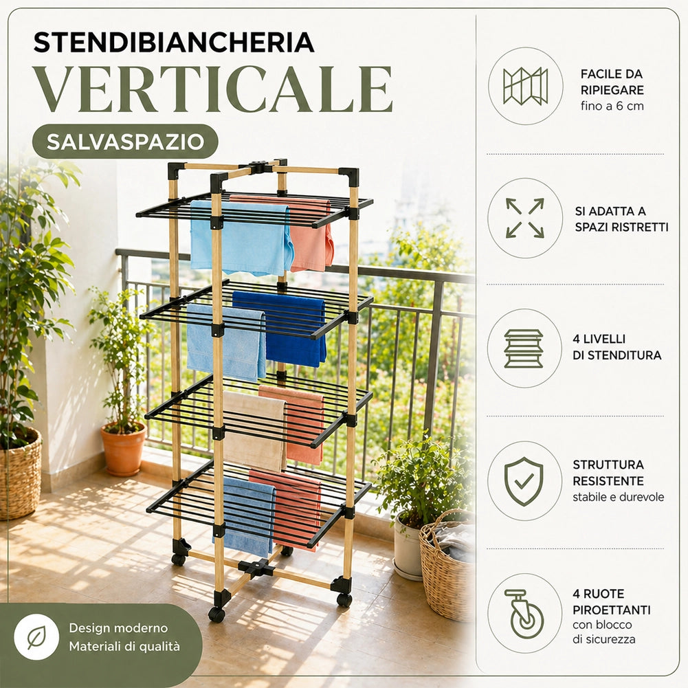 Stendibiancheria a Torre Verticale Pieghevole a 4 Livelli 69x175x69cm con Ruote