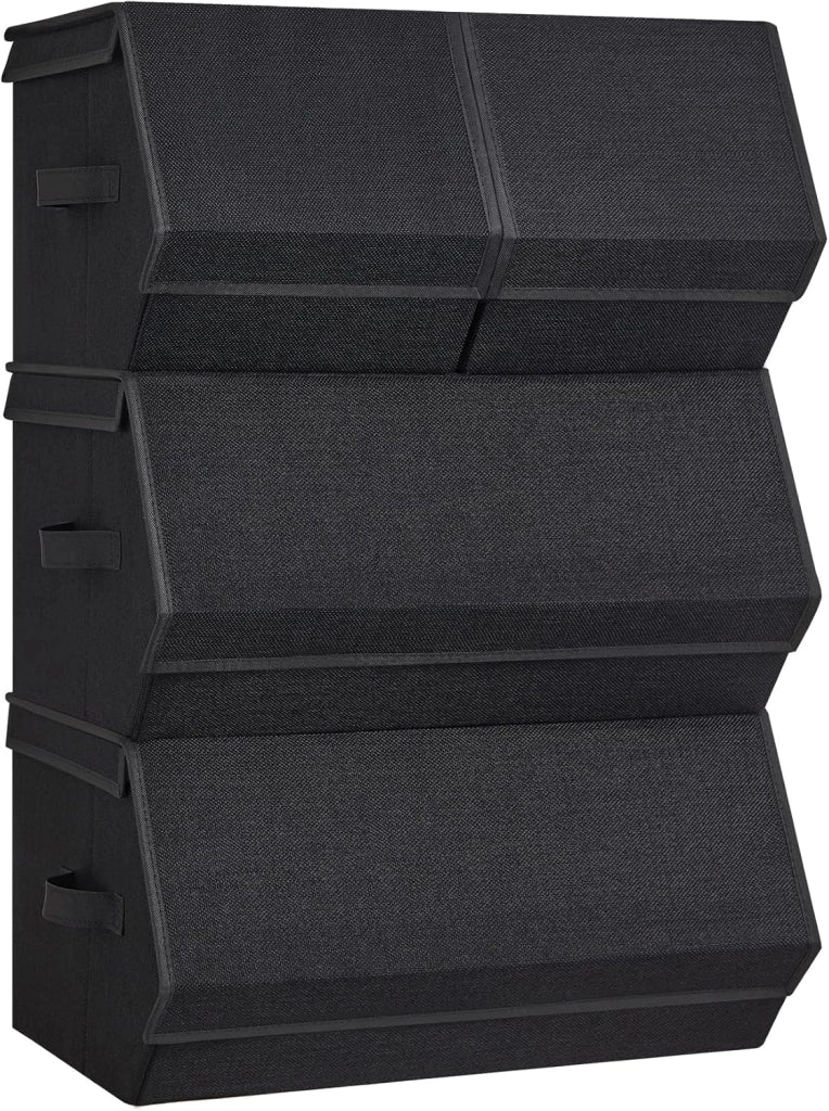 SONGMICS Set di 4 Scatole con Coperchio, Organizzatori Impilabili per Armadi, Contenitori con Chiusura Magnetica, Scatole in Tessuto, Struttura in Metallo, per Libri Vestiti, Nero Classico RLB022B01