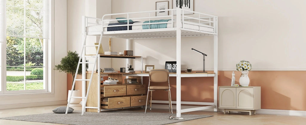 DESMIU Letto a soppalco 2 posti con 4 cassetti e scrivania a L, 140 × 200 cm, senza materasso, metallo e MDF, bianco