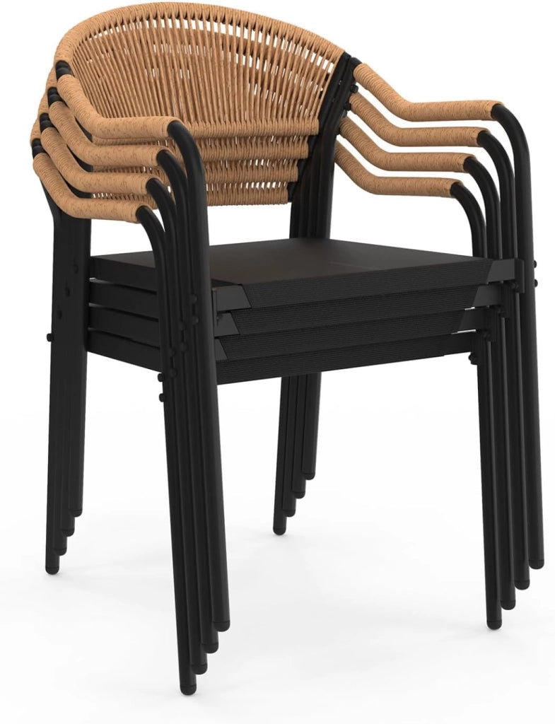 Set di 4 sedie da giardino MADEIRA: metallo, corda e textilene nero e rattan chiaro