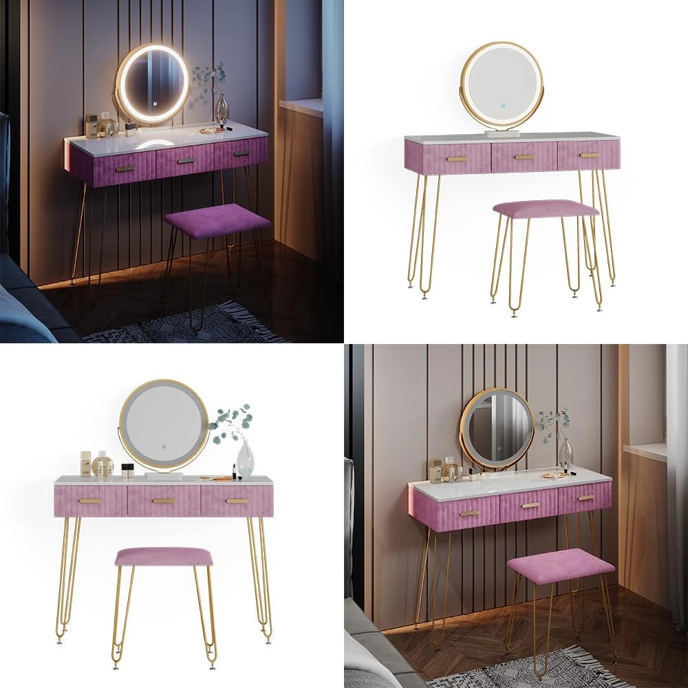 Tavolo da toeletta Layla, rosa, 100 cm con illuminazione LED e sgabello, con illuminazione a LED e panca imbottita