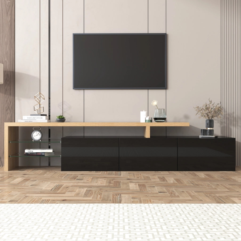 Mobile TV 197;5 cm in MDF e vetro; 3 scomparti; LED a 7 colori con app; nero e legno