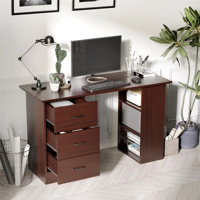 SCRIVANIA UFFICIO CON 3 CASSETTI E 3 RIPIANI IN LEGNO 120X49X72CM NOCE