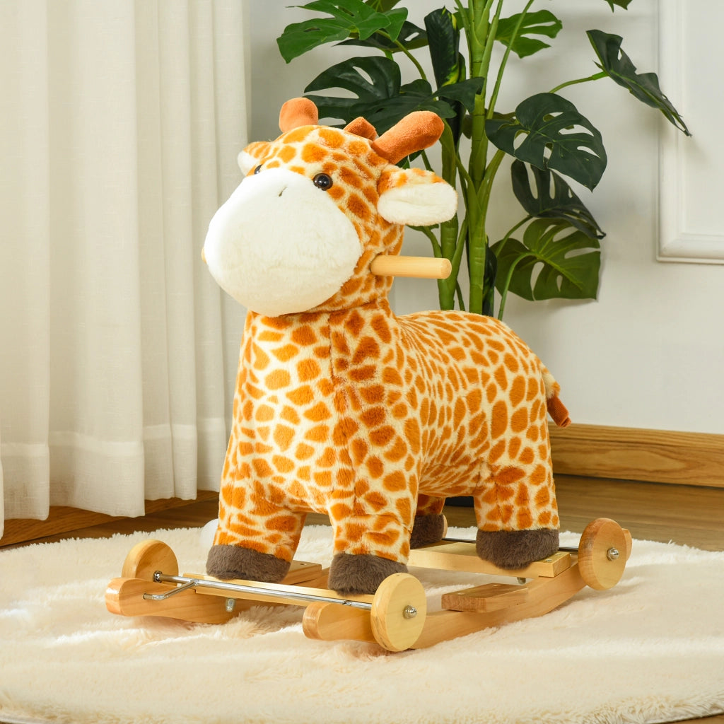 Cavallo a Dondolo Giraffa con Ruote e Suoni ¨C zephmum ¨C Giallo Legno 63x38x63cm