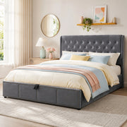 Letto imbottito in velluto grigio 180x200 cm con contenitore, rete a doghe inclusa, senza materasso