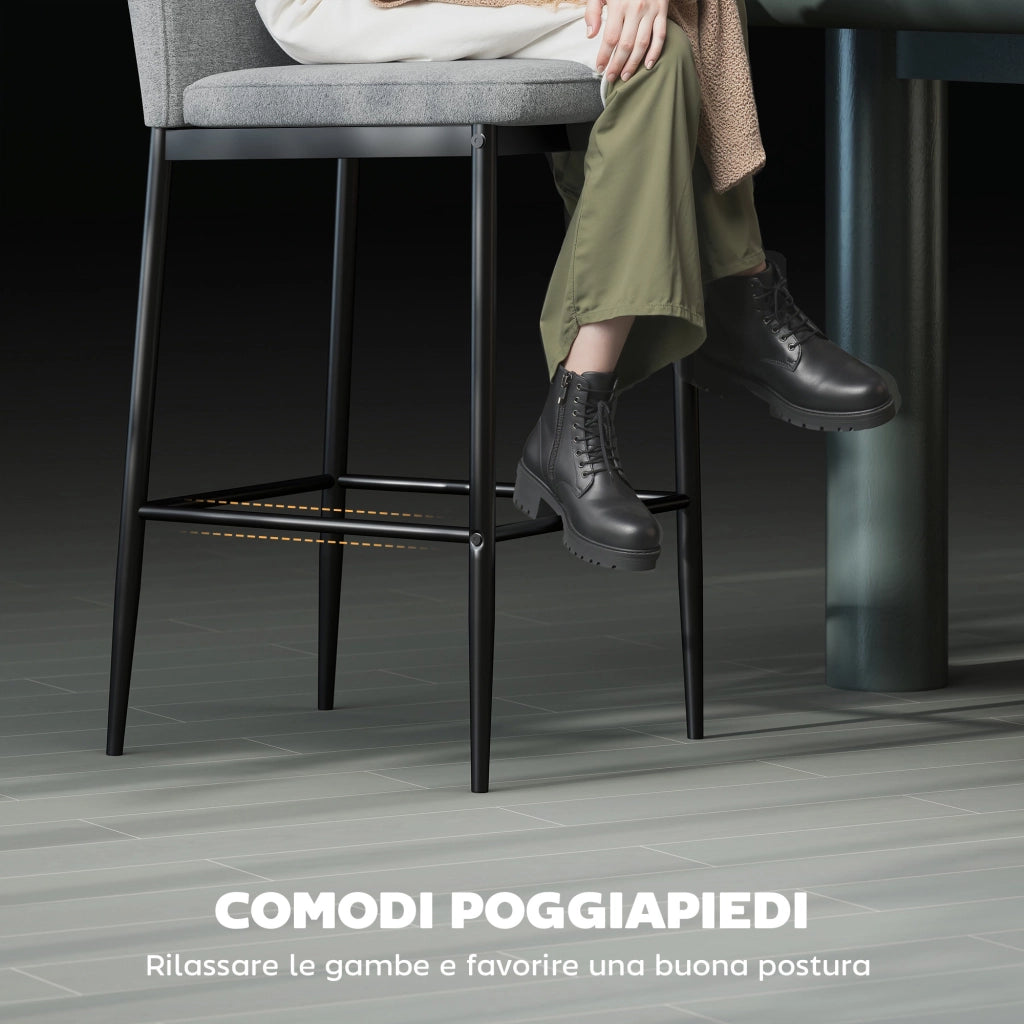 Set 2 Sgabelli Bar in Velluto Moderni con Poggiapiedi e Schienale, 41x52x97 cm, Grigio