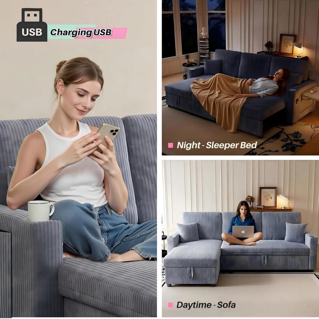 Divano letto angolare modulare - con contenitore; USB; portabicchieri e tavolino - grigio