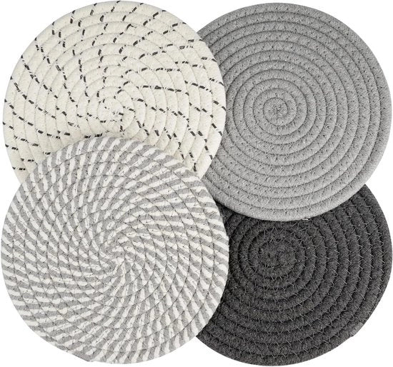 Set di Supporti per Padelle Ronde Resistenti al Calore da 4 pezzi - Assorbenti - Antiscivolo - Accessori da Cucina - 18 cm - Beige, Grigio Scuro, Grigio chiaro
