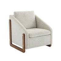 Poltrona d'arredo per soggiorno con braccioli in legno, cuscino posteriore e tessuto in chenille, 73.5x73.5x73.5 cm, Beige