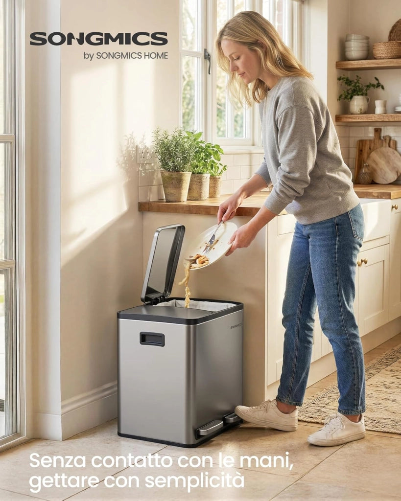 SONGMICS Pattumiera Cucina 2 x 15 L, Cestino per Raccolta Differenziata 2 Scomparti, 15 Sacchetti, Secchi Rimovibili, Coperchio, Maniglie, Chiusura Morbida, Acciaio Inox, Argento LTB130EZ01