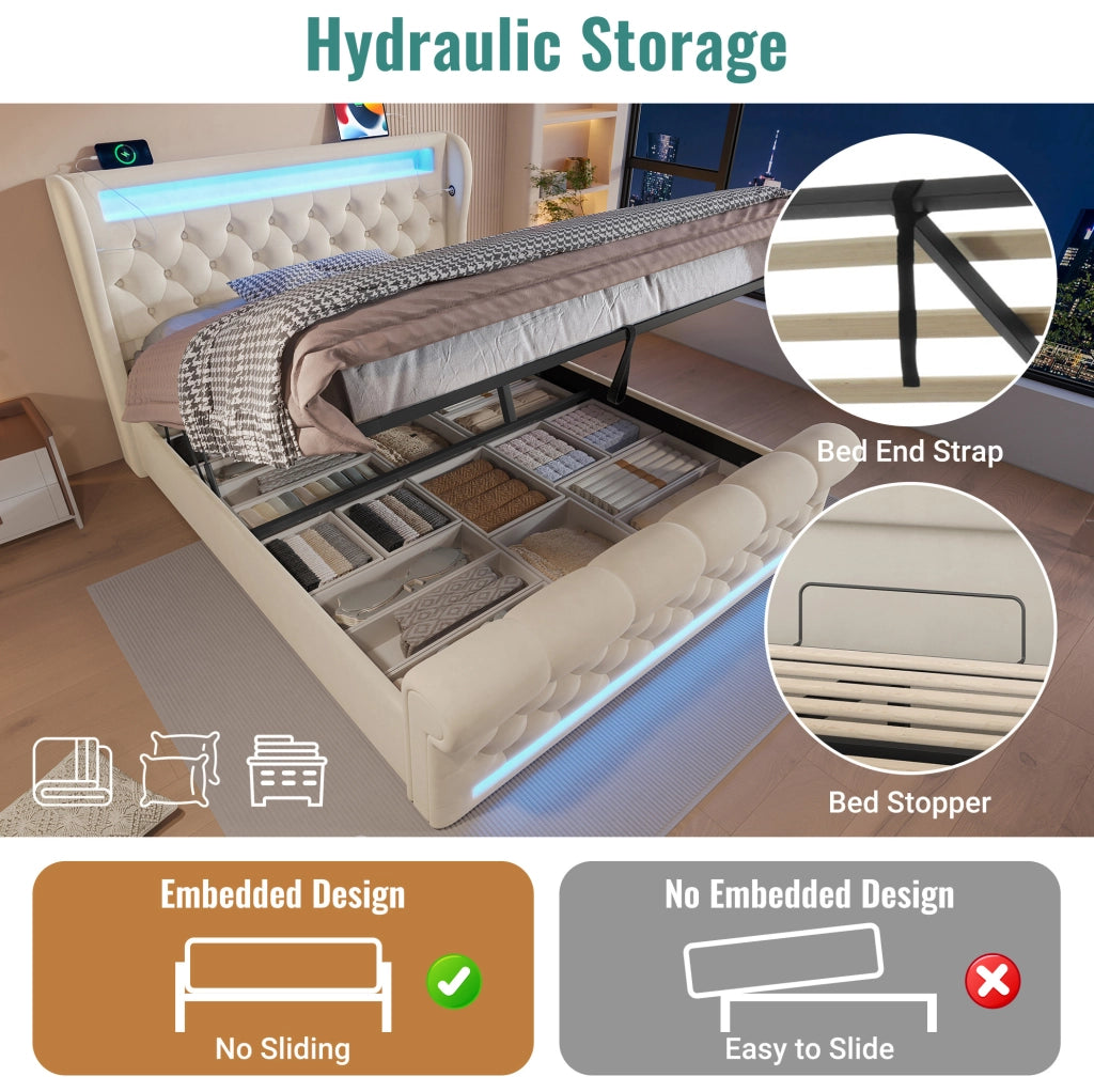 Letto matrimoniale imbottito ULEVR 140x200 cm con contenitore idraulico, LED, USB e Type-C, velluto beige