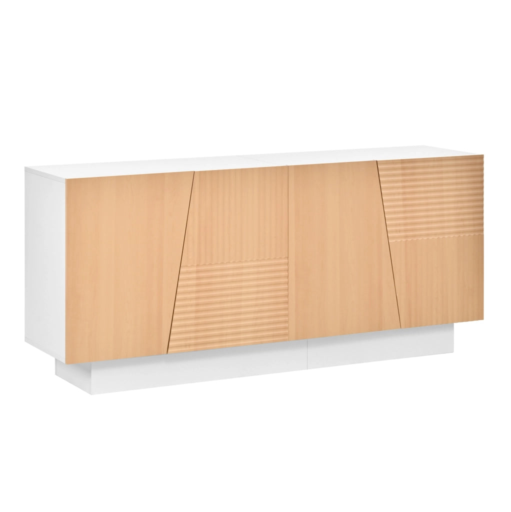 Sideboard a 4 ante con scanalature geometriche; ripiani regolabili; MDF e truciolare; bianco e naturale