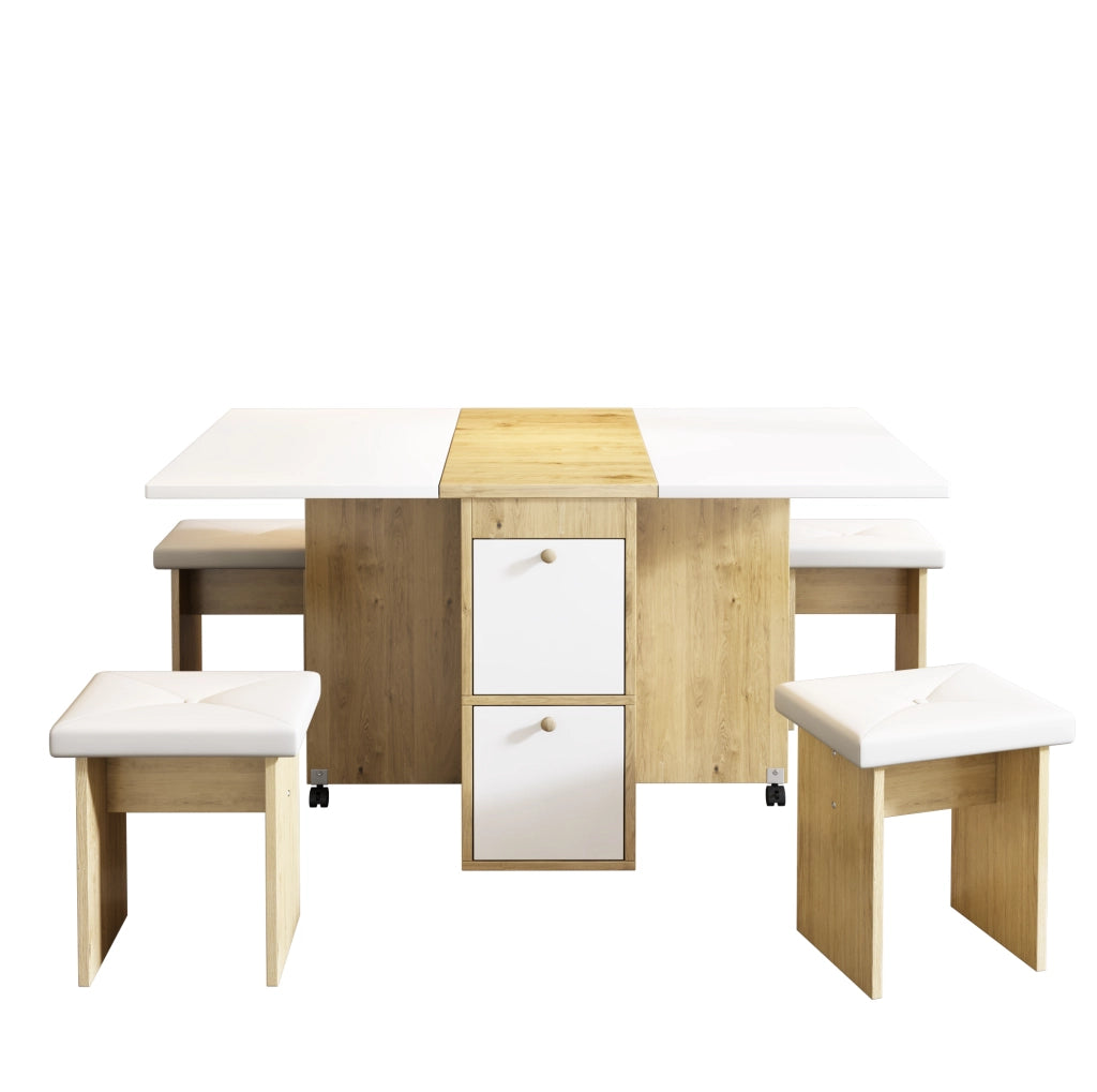 Set tavolo da pranzo pieghevole con 4 sedie bianco e rovere