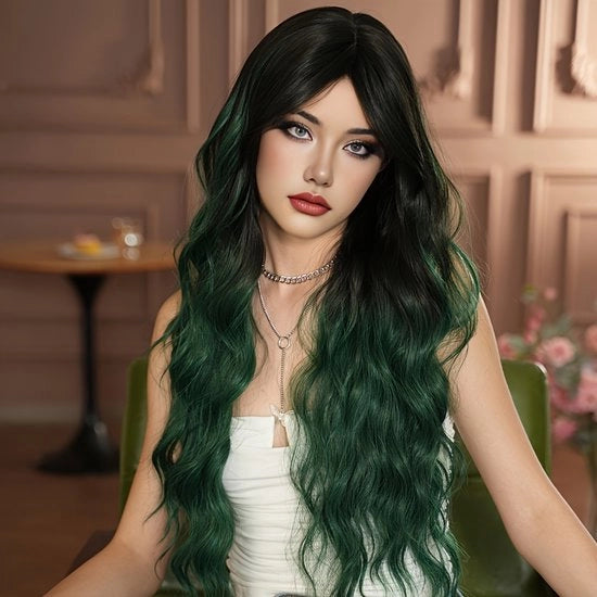 Pruika smaragd verde con ombre | Capelli lunghi con alta densità resistenti al calore | Prugna per cosplay Halloween | Parte centrale ondulata