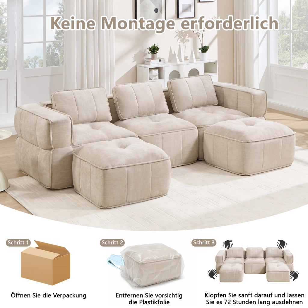Divano modulare con seduta profonda, pouf e design senza struttura in poliestere beige 271 × 162 × 67 cm