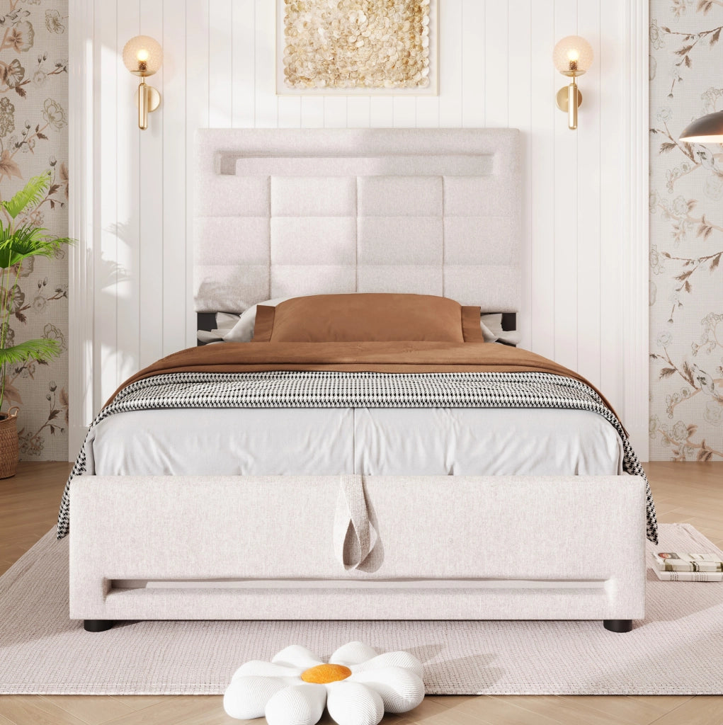 Letto imbottito 90x200 cm in lino beige con LED APP; USB e contenitore idraulico