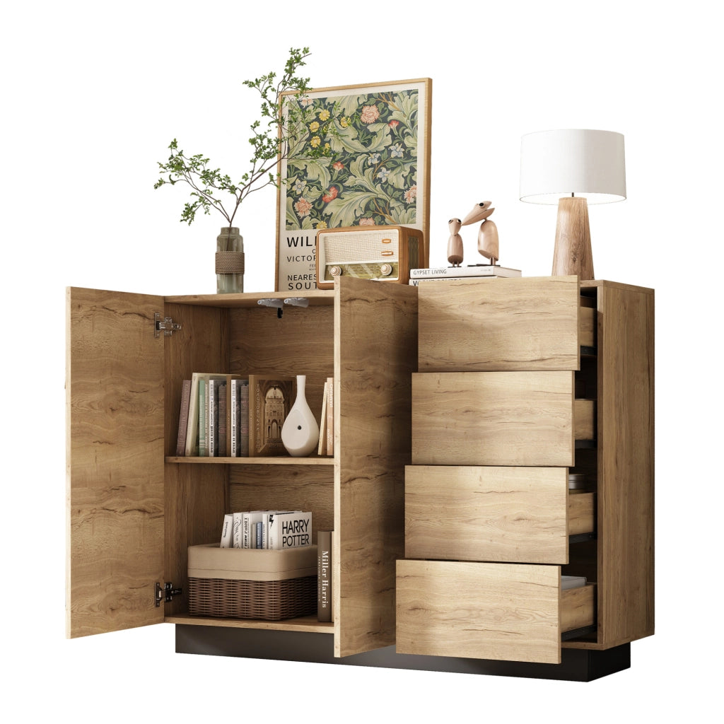 Credenza con quattro cassetti, due ante e finitura naturale e nera