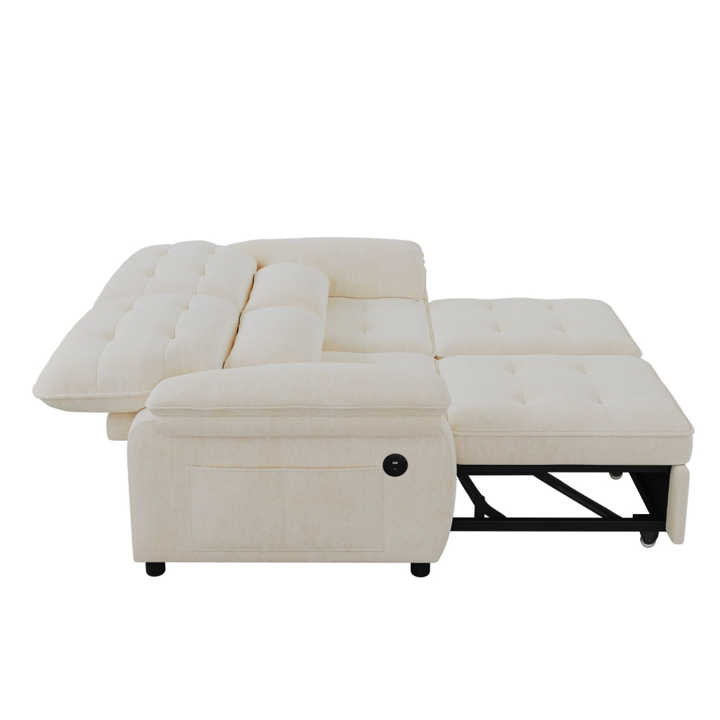 Divano letto convertibile 3 in 1 con schienale reclinabile e porte USB e Type-C, 2 cuscini, in ciniglia beige