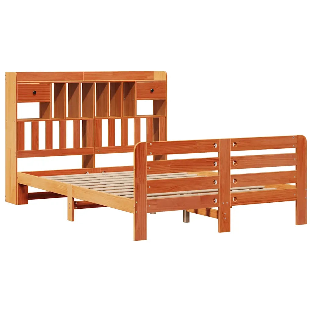 Letto Libreria senza Materasso-Struttura Letto con contenitore Marrone Cera 160x200 cm in Pino 825772