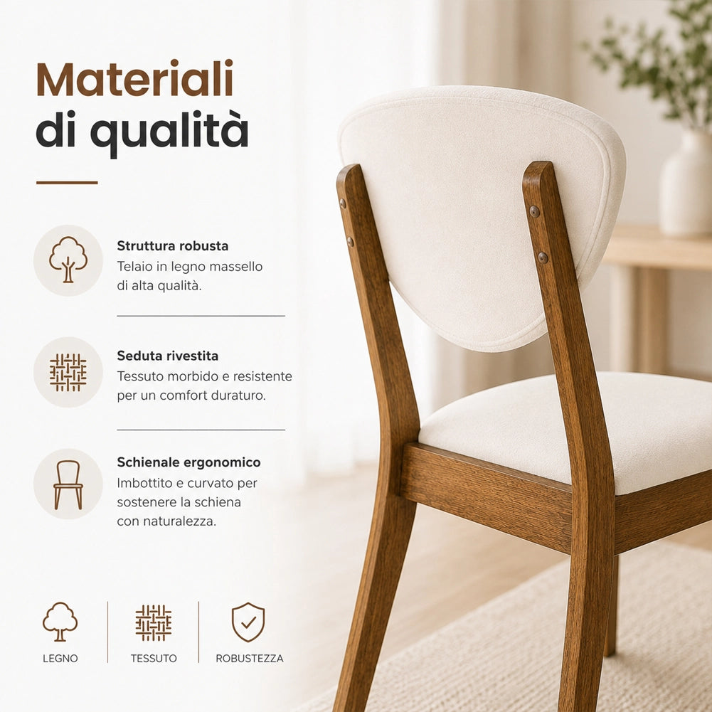 Set 2 Sedie da Pranzo in Legno Scuro Rivestimento in Tessuto Crema 52x47x84 cm