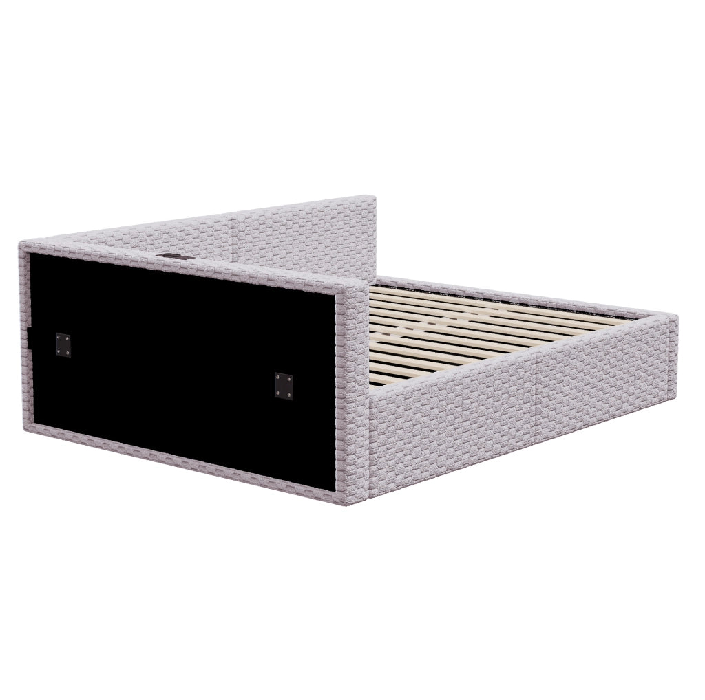 Letto imbottito ULEVR 140x200 cm con contenitore idraulico, LED, USB e Type-C, velluto grigio