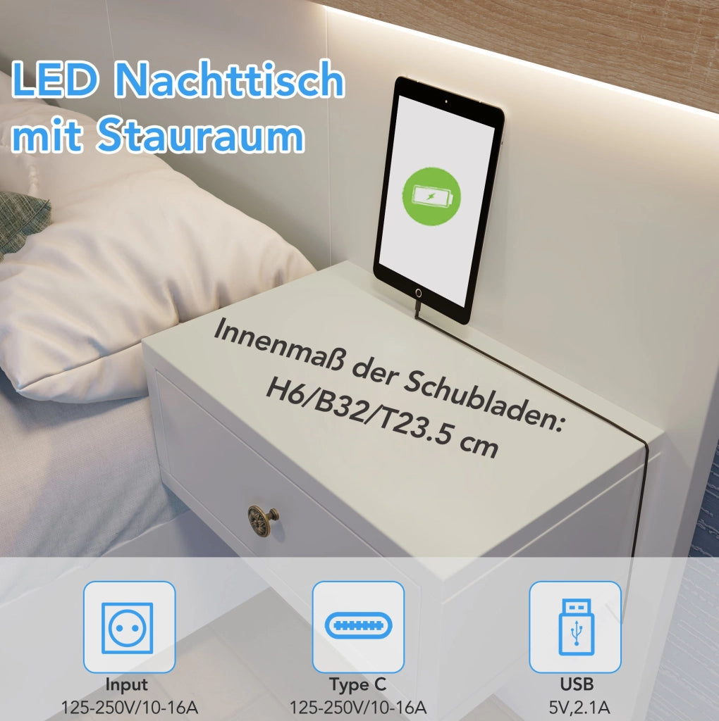 Letto matrimoniale 140x200 cm con 2 comodini LED; prese USB e USB-C; bianco e rovere sonoma