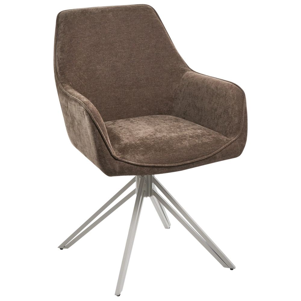 Set di 2 sedie da pranzo girevoli in tessuto marrone con braccioli e schienale, gambe in metallo beige, stile retrò-contemporaneo