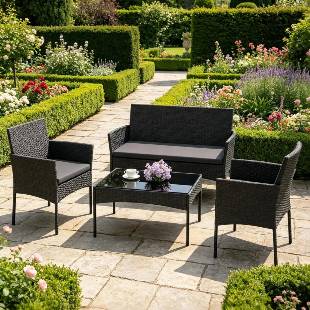 Salotto da Giardino 4 Pezzi, Set da Esterno in Rattan con 1 Divano 2 Posti, 2 Poltrone, 1 Tavolino in Vetro Temperato, Set Mobili da Giardino con Cuscini per Balcone, Terrazzo (Nero)