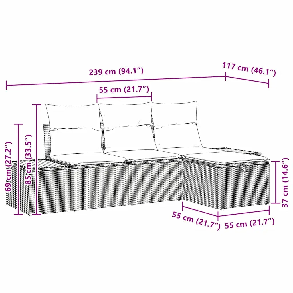 Set Divano da Giardino con cuscino 4 pz | Set Salotto da Giardino Beige Poly Rattan