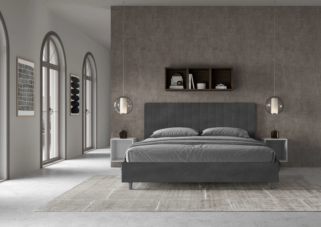 BS COM Letto matrimoniale king size con rete imbottito 180x210 microfibra grigio