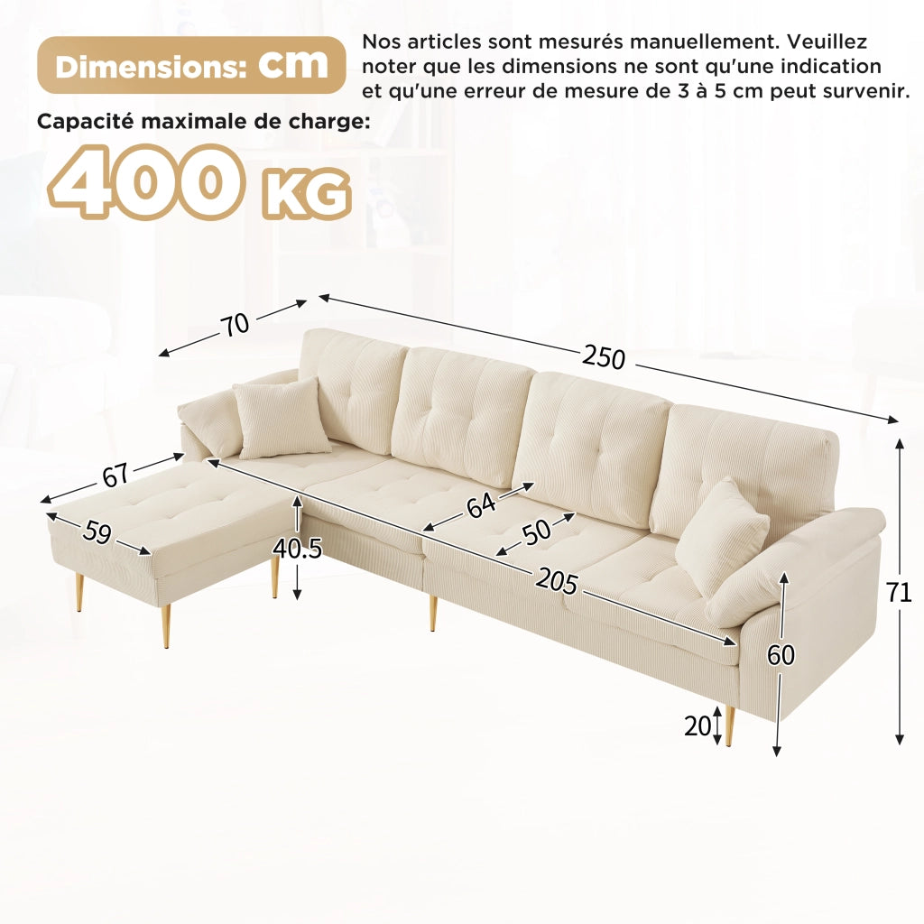 Divano 4 posti in velluto a coste con pouf modulabile; beige chiaro; 250 cm