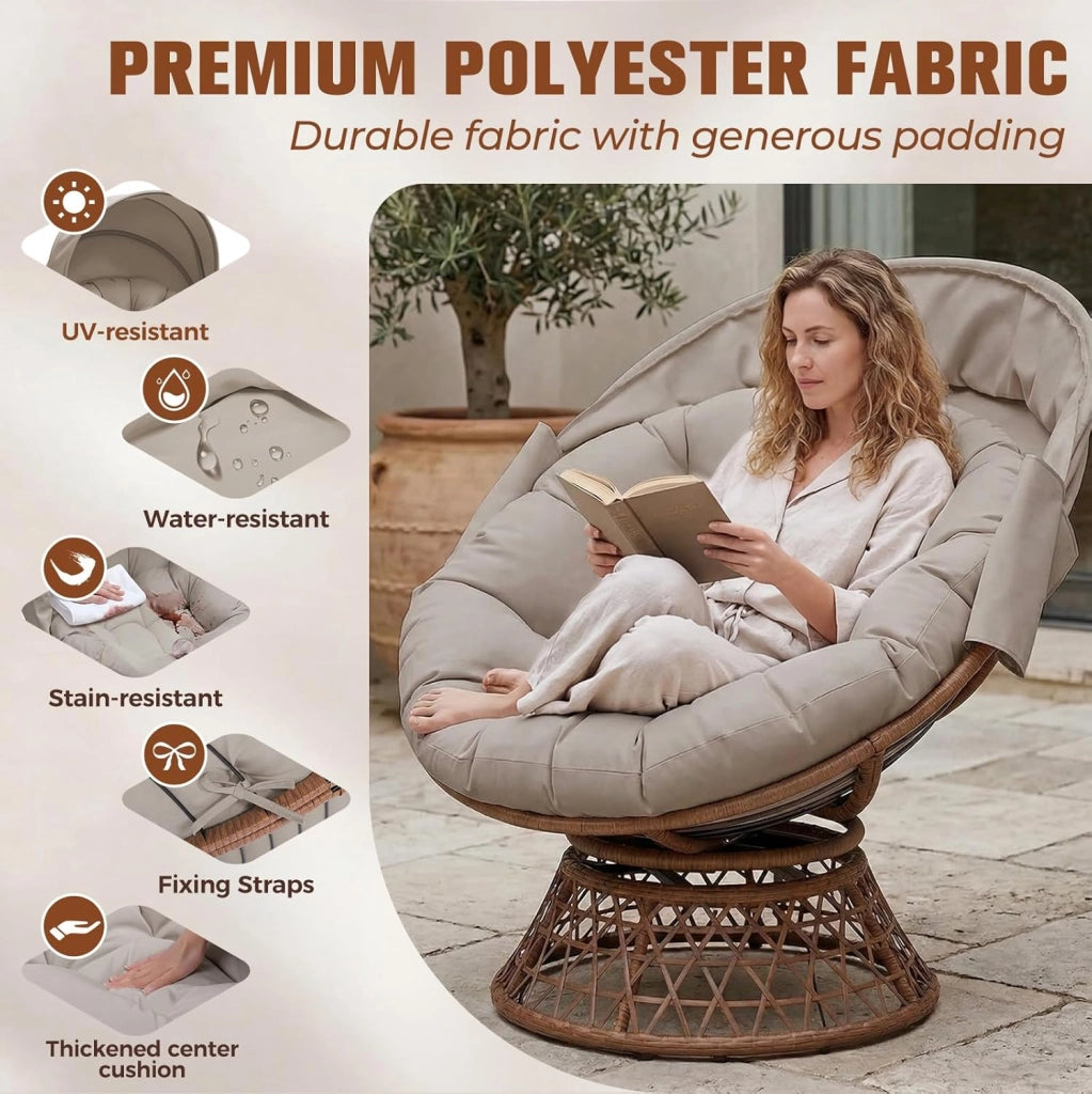 Poltrona da papasan, comoda poltrona girevole con cuscino rotondo, comoda poltrona in rattan, girevole, in vimini, per soggiorno, angolo lettura, lounge – marrone