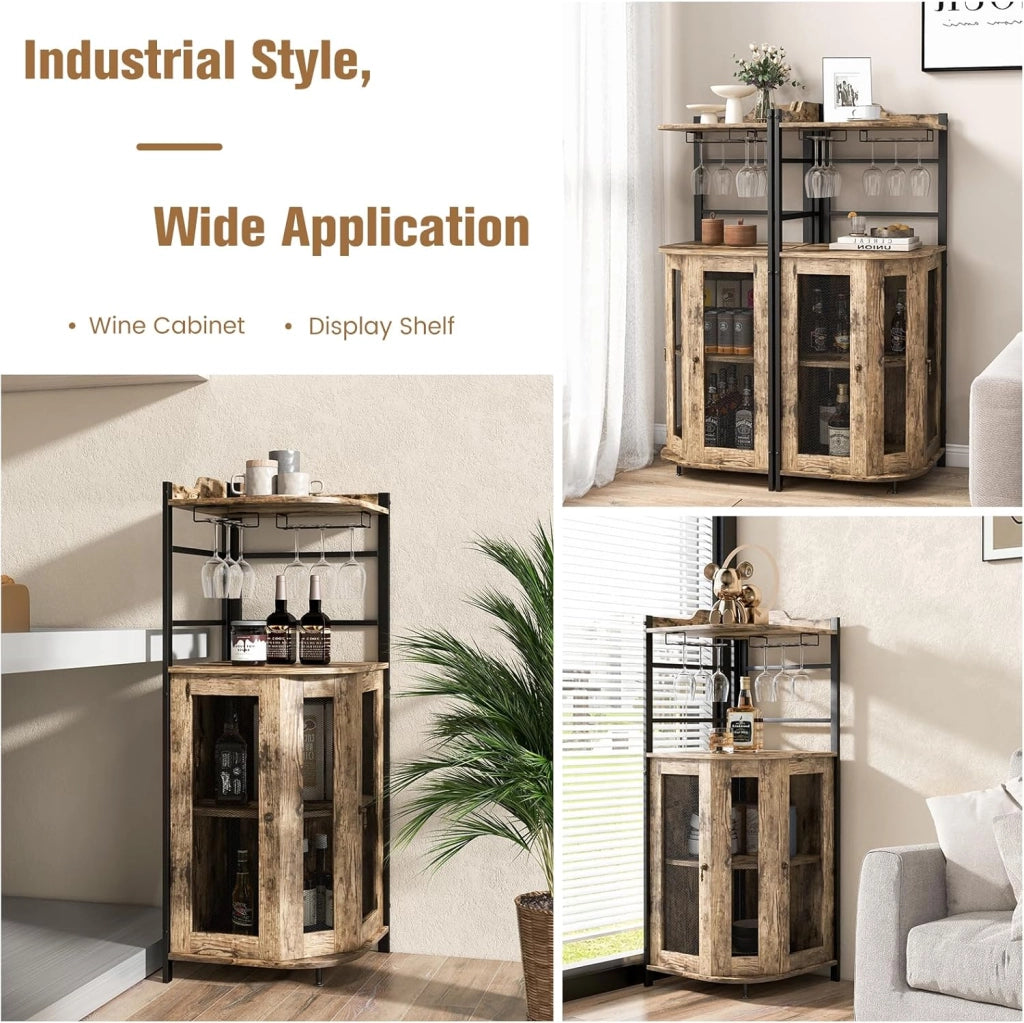 Armadietto Angolare Industriale Da Bar Con Supporto In Vetro, Armadietto Da Vino Con Ripiano Regolabile, Portabottiglie Vino Da Cucina Con Protezione, 130x47,5x47,5 cm (Grigio Quercia)