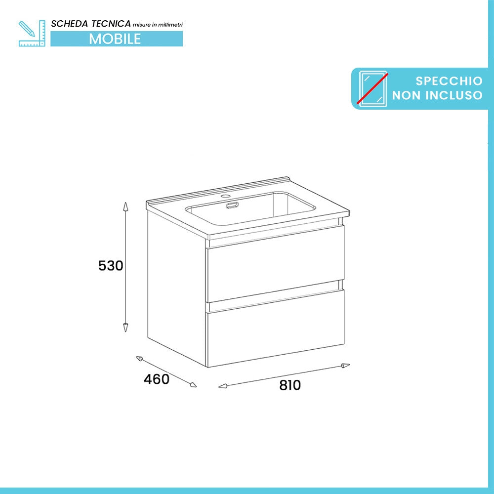 Mobile bagno sospeso 80 cm in legno grigio cemento 2 cassettoni con lavabo Leda