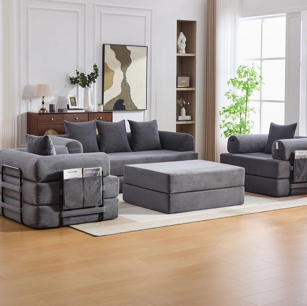 Divano modulare in velluto a coste grigio scuro con pouf
