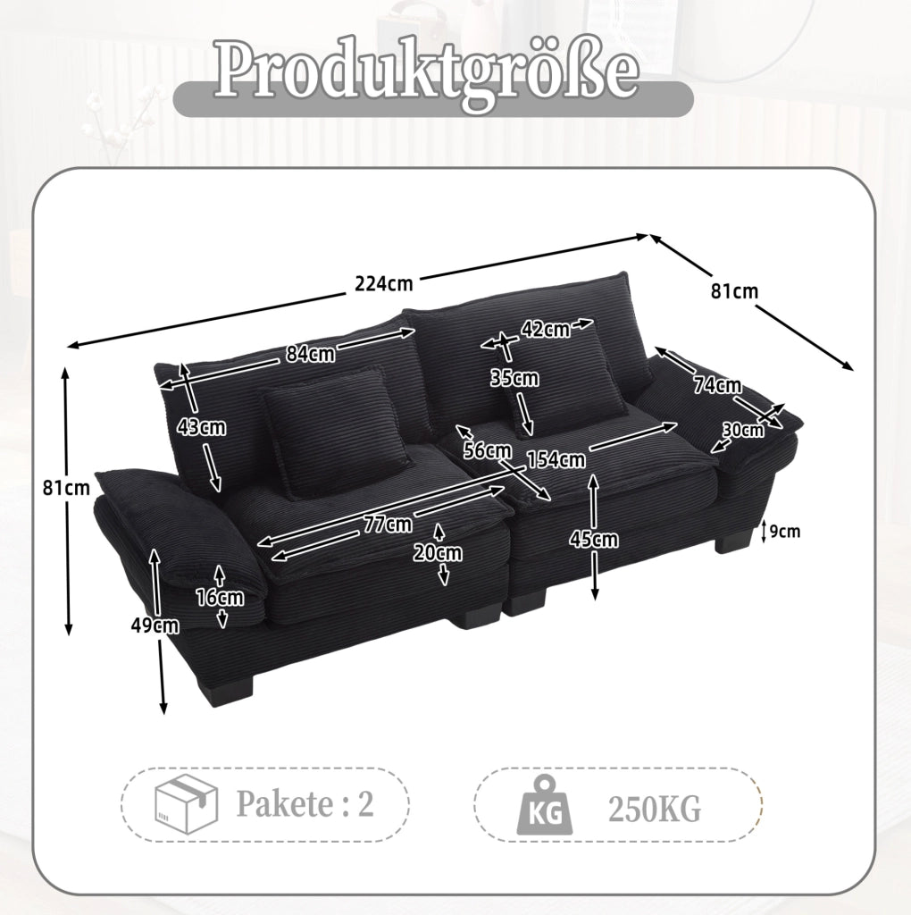 Divano a 2 posti in velluto nero 224x81x81 cm con braccioli imbottiti e cuscini