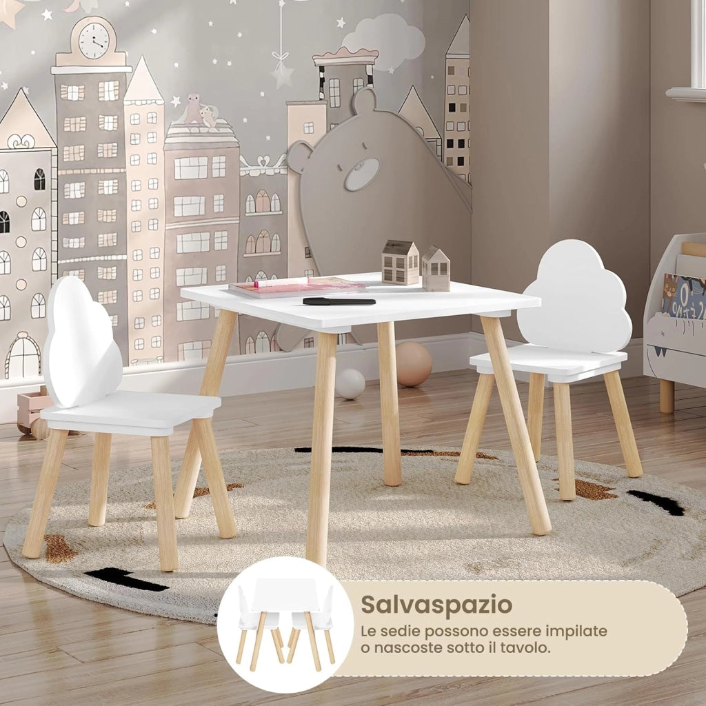 Set di Tavolo e Sedie per Bambini a 3 Pezzi, Tavolino Bambini con Sedie Montessori, Tavolo in Legno e 2 Sedie, per Cameretta, Camera da Letto, Bianco