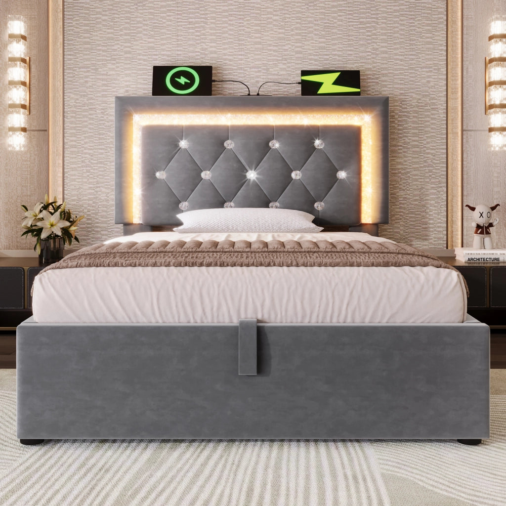 LETTO 90x200 cm in velluto grigio con LED, USB e materasso incluso