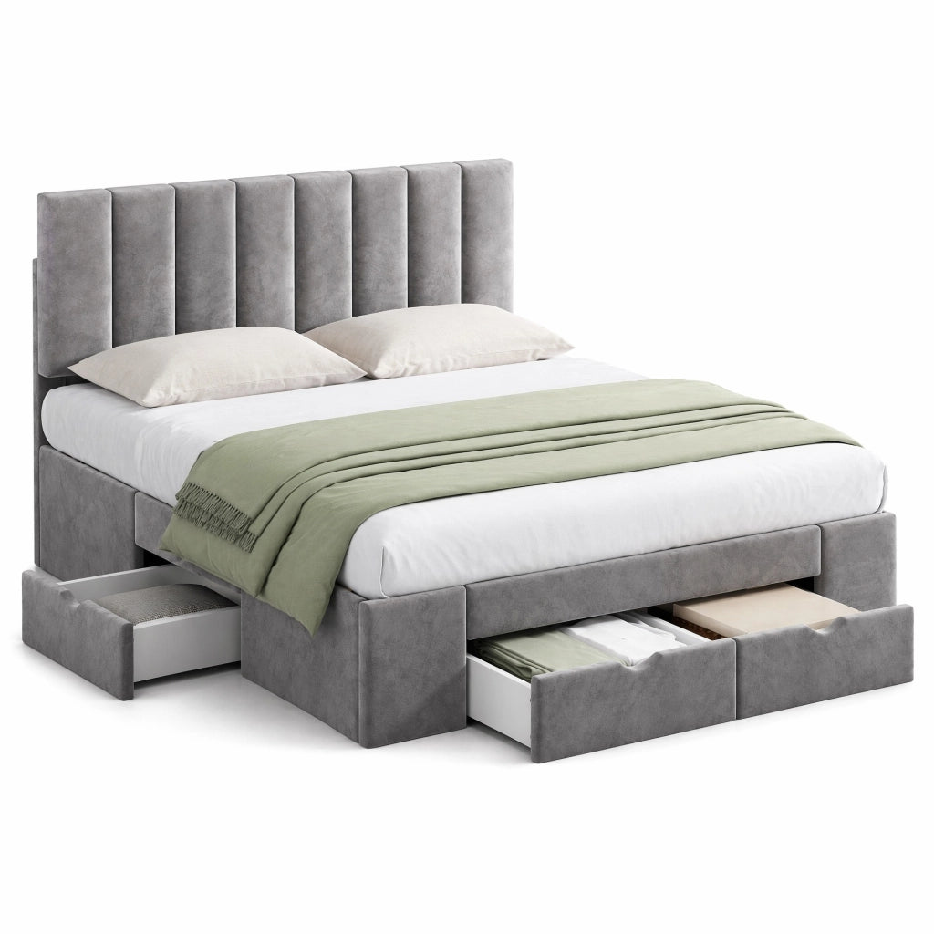 Letto imbottito 160x200 cm in velluto grigio con rete a doghe e 4 cassetti
