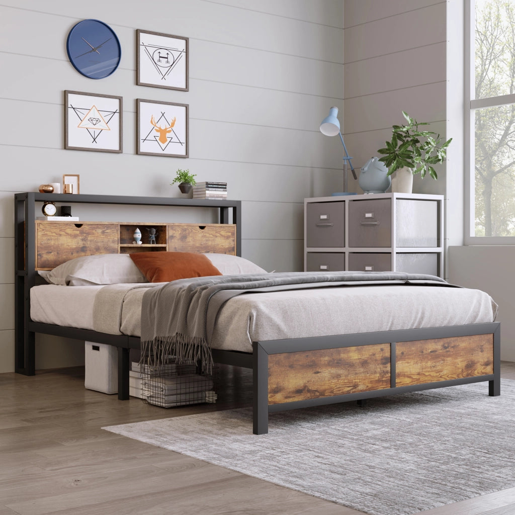LETTO Matrimoniale 140x200 cm in Metallo e Legno Naturale con testiera portaoggetti