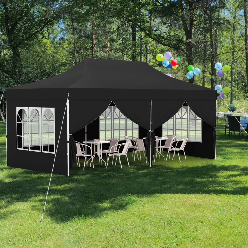 Tenda a scomparsa 3x6m con 6 pareti laterali rimovibili borsa da trasporto, Tenda gazebo pieghevole per feste Nero-Gazebo