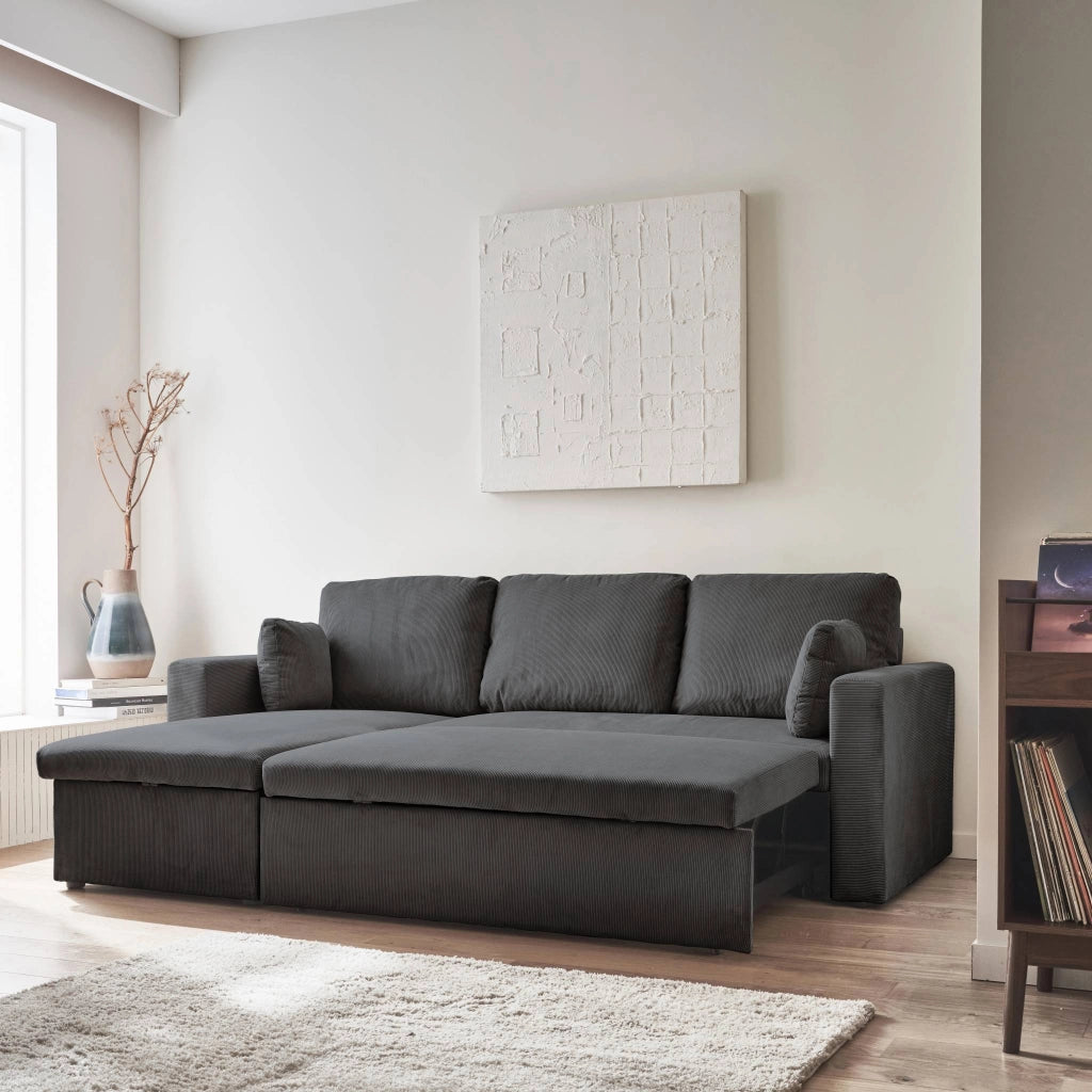 Divano letto angolare reversibile in velluto a coste, 3 posti, grigio